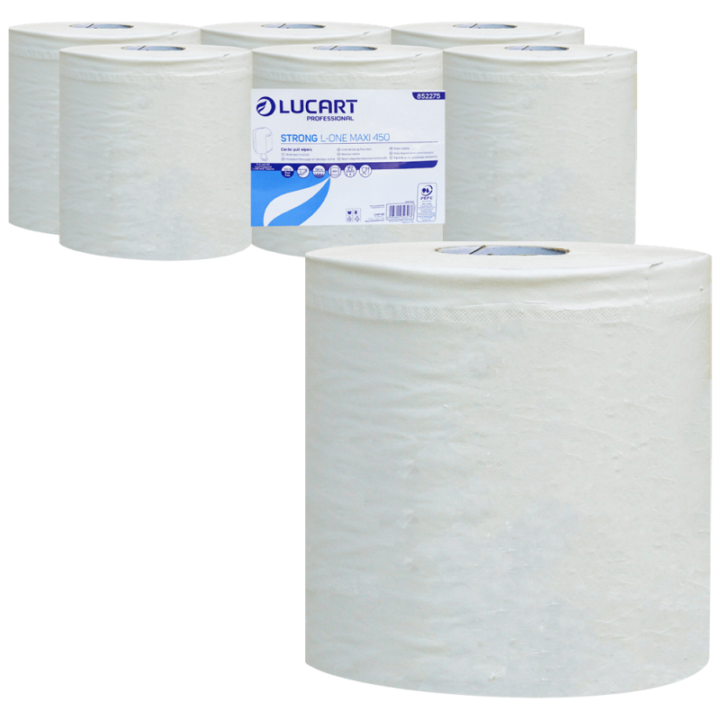 Rola prosop de hartie, alba, pentru dispenser cu extragere centrala, Lucart L-One Maxi, 2 straturi, 6 role, 450 foi